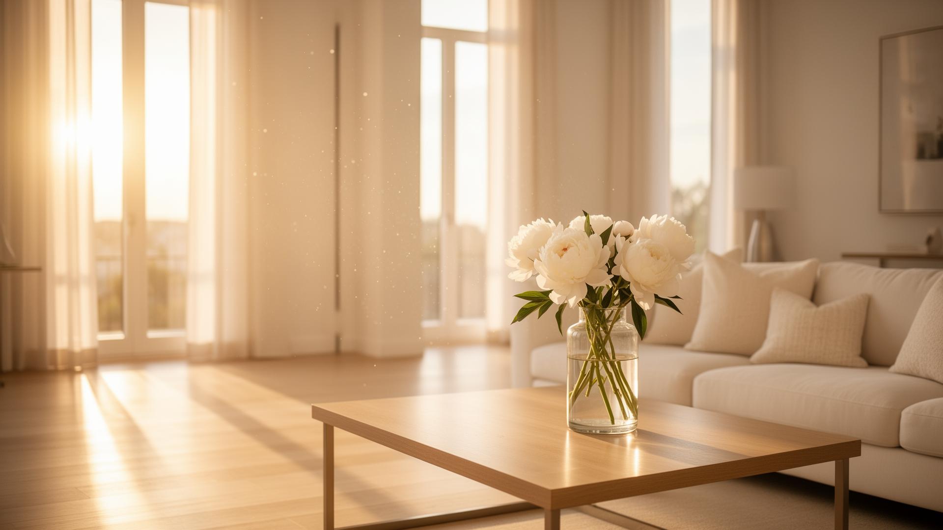 A bright, freshly cleaned modern living room with sunlight and fresh peonies